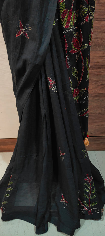 Handmade Kantha Stitch Done Black Mul Cotton Saree