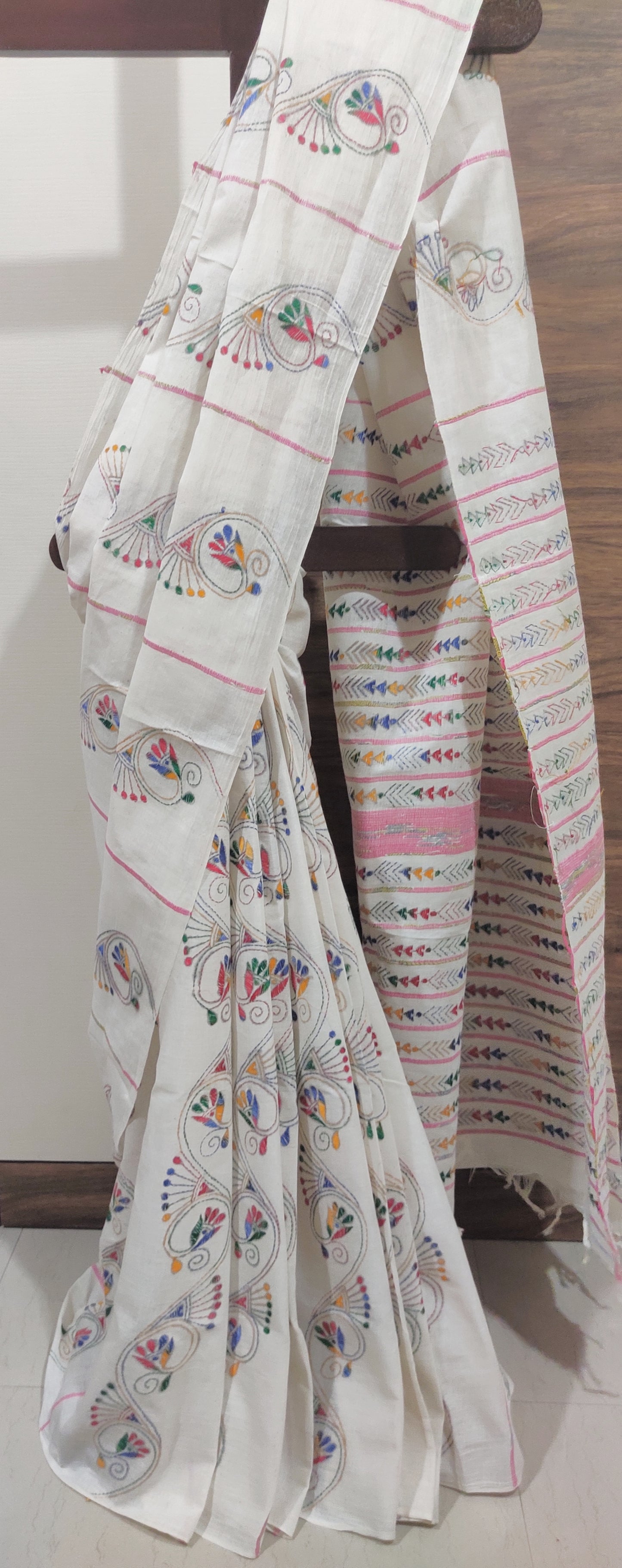 Exclusive Kantha Stitch Done Off-White Khesh Cotton Saree - S277