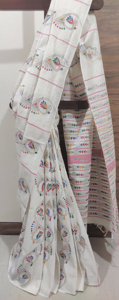 Exclusive Kantha Stitch Done Off-White Khesh Cotton Saree - S277