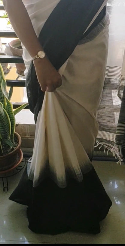 White Linen Cotton Ikkat blended plain black border Saree