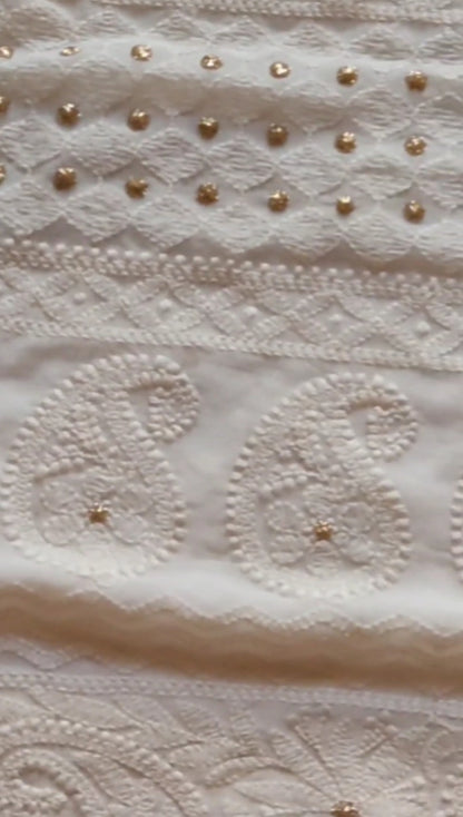 Metalic Golden work done exclusive lucknowi Chikankari White Chiffon Saree
