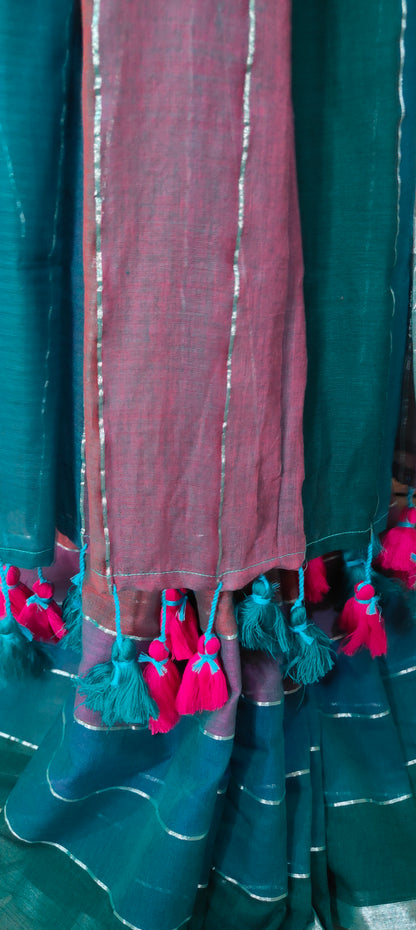 Green based Multi Colored Mul Cotton Silver zari stripped Handloom Saree