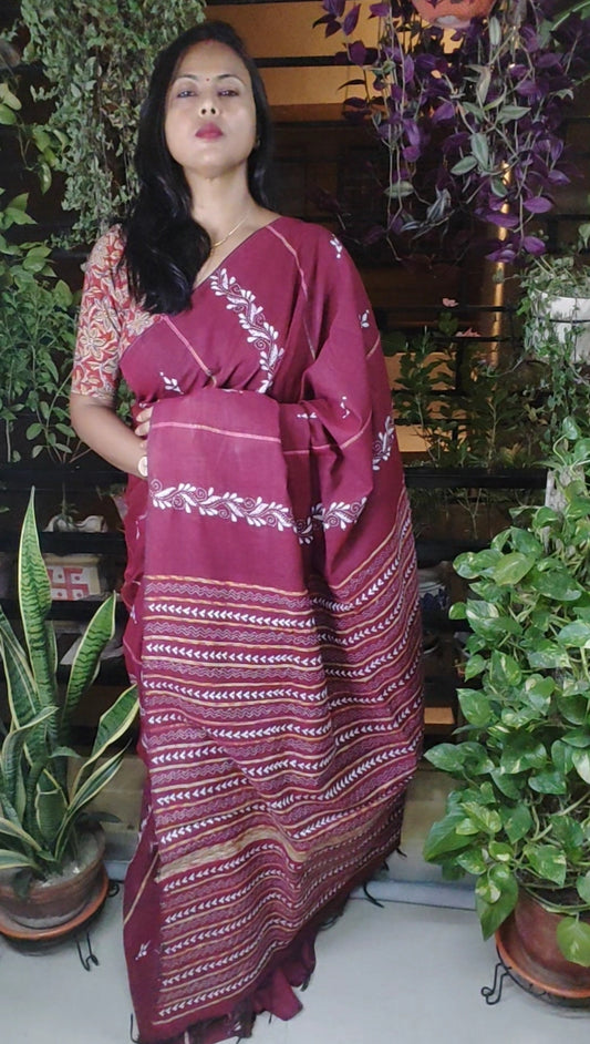 Handmade Kantha Stitch Done Maroon Khesh Cotton Saree
