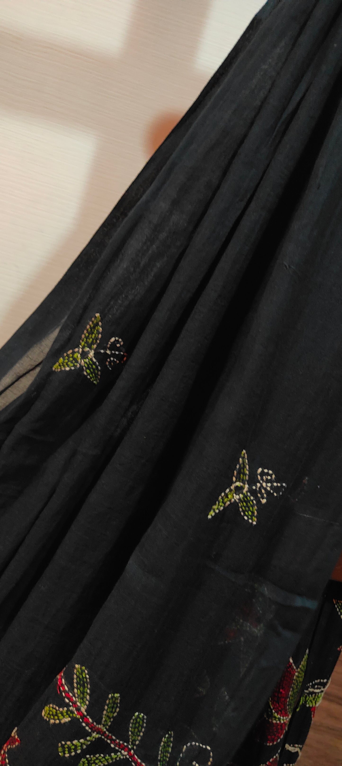 Handmade Kantha Stitch Done Black Mul Cotton Saree