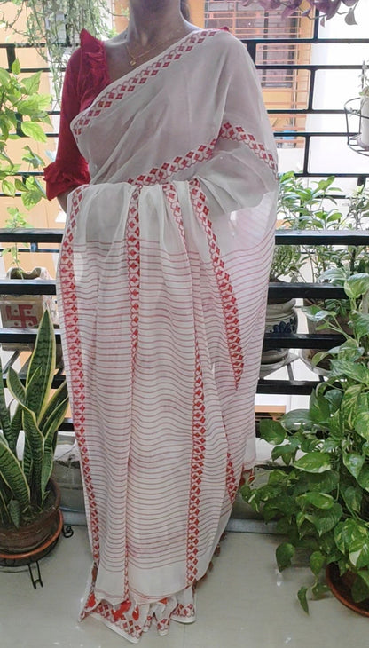 Red thread work done White fine Mulmul Cotton Handloom Saree