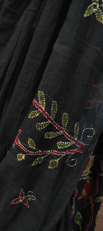 Handmade Kantha Stitch Done Black Mul Cotton Saree