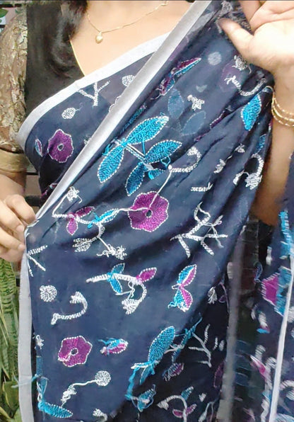 All Over Body Handmade Kantha Stitch Done Blue Mul Cotton Saree