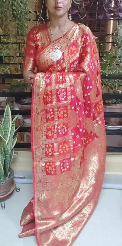 Handmade Gatt Chola Bandhani Banarasi Saree - Red