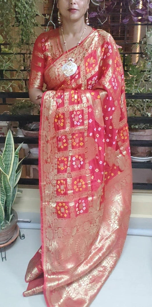 Handmade Gatt Chola Bandhani Banarasi Saree - Red