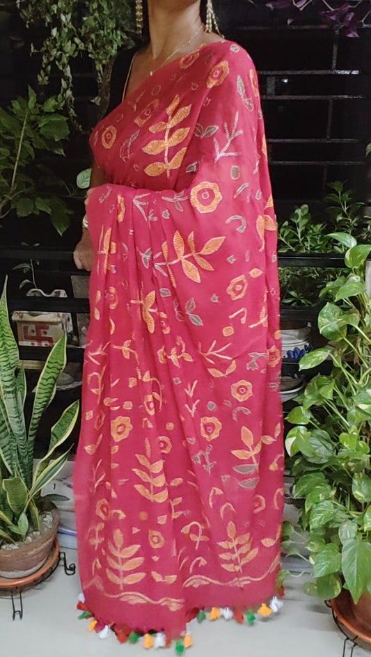 All Over Body Handmade Kantha Stitch Done Red Mul Cotton Saree