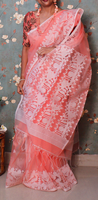 Peach Resham Silk Handloom saree
