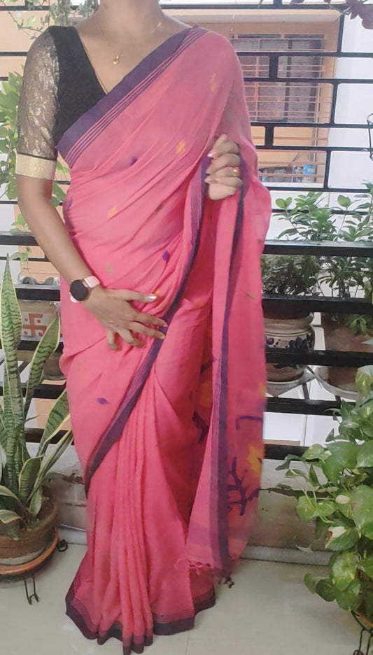 Pink Shaded handspun Pure Muslin Cotton handloom Jamdani