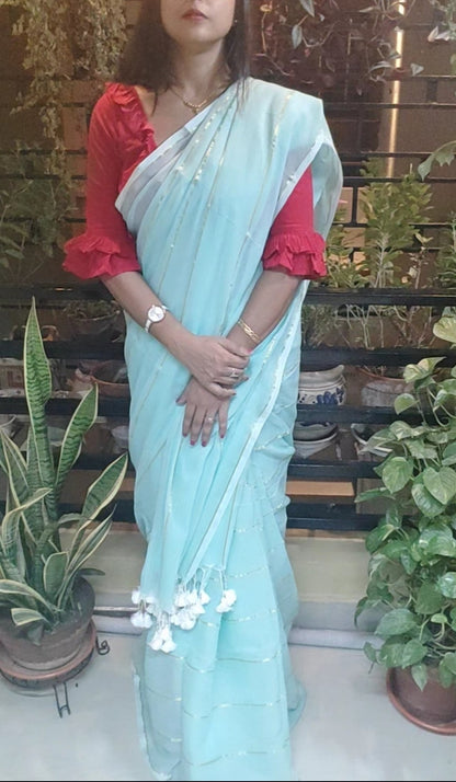 Sea Green Shaded Mul Cotton zari stripped Saree