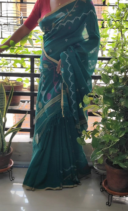 Sea Green Handspun Pure Cotton jamdani Saree