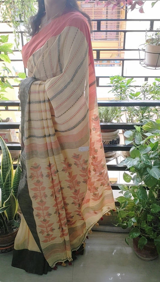 Sun Shine Floral Pallu Khadi Cotton handloom Saree