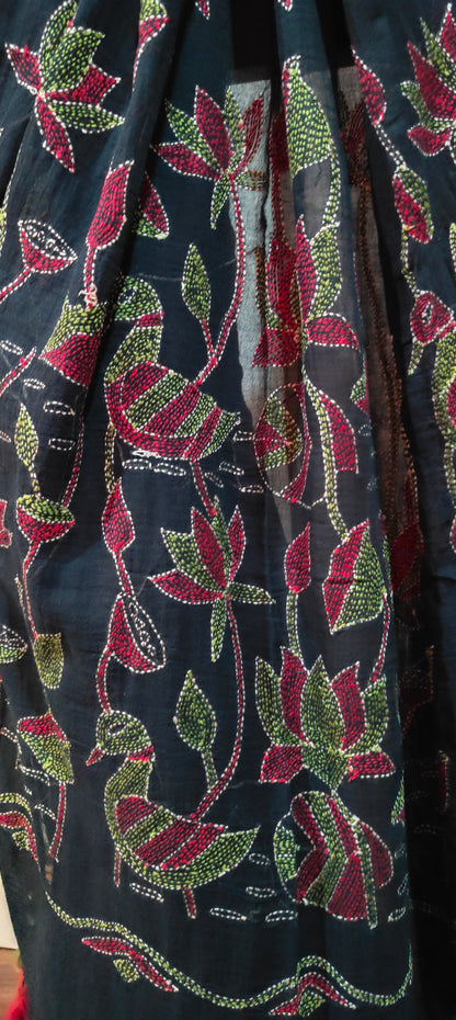 Handmade Kantha Stitch Done Black Mul Cotton Saree
