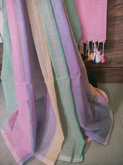 Light Shaded Multicolored Mul Cotton Saree with Zari Strips