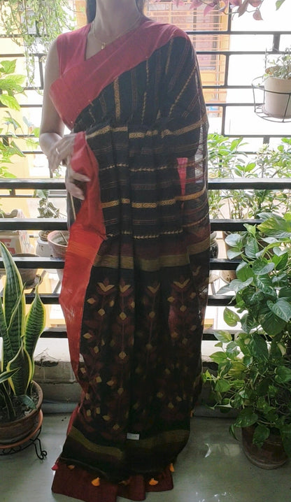 Floral Pallu Eternal Black Khadi Cotton handloom Saree