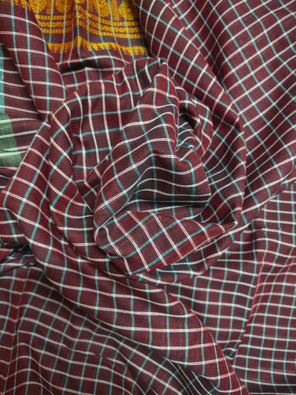 Maroon Korke Dure Check body contrast traditional border saree