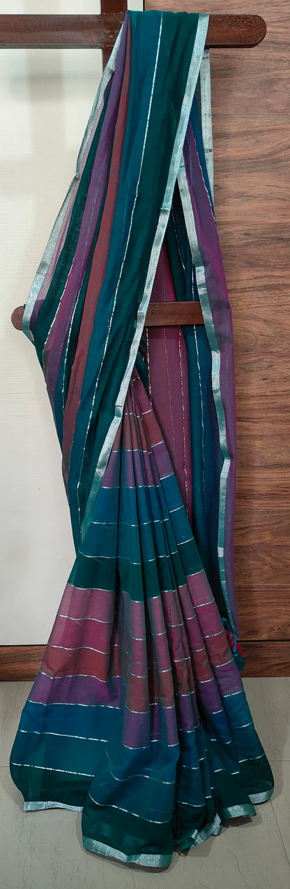 Green based Multi Colored Mul Cotton Silver zari stripped Handloom Saree