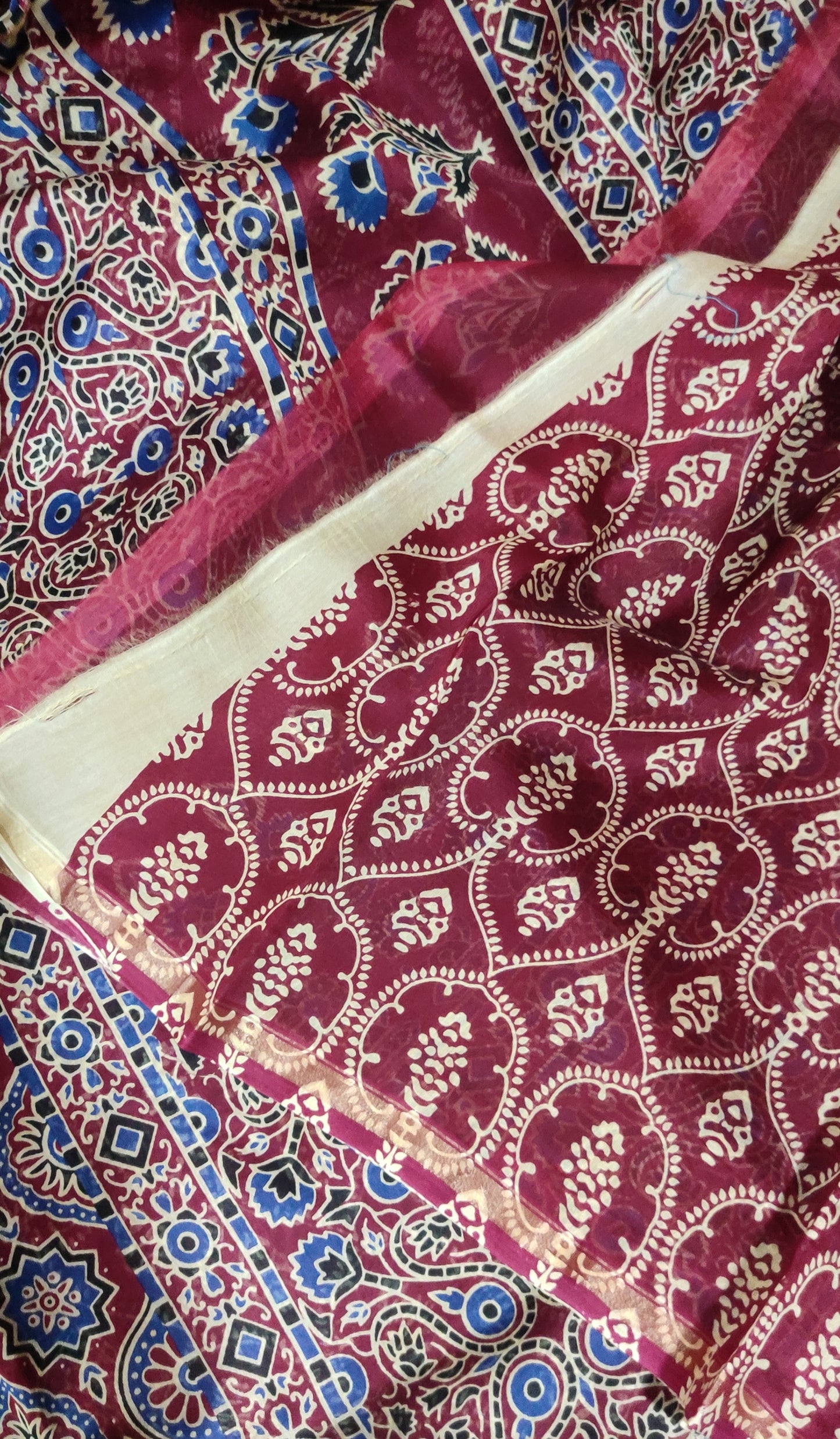 Maroon Chanderi Silk Cotton Hand Block Printed  Saree