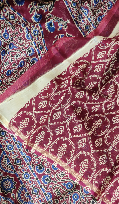 Maroon Chanderi Silk Cotton Hand Block Printed  Saree