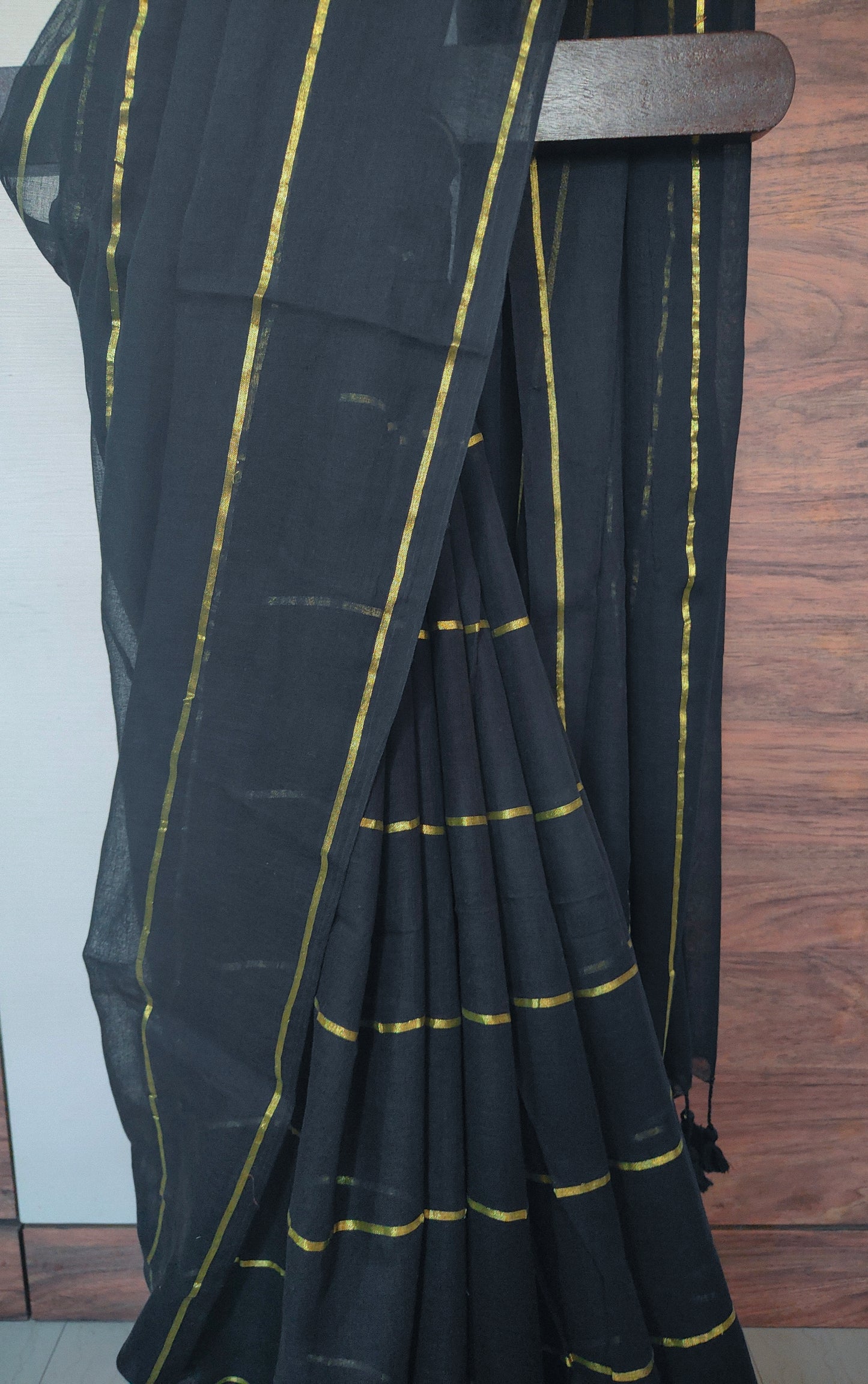 Eternal Black Mul Cotton single color zari stripped Saree