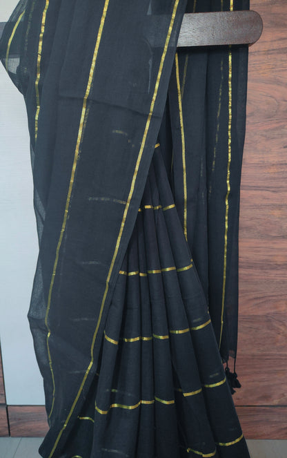 Eternal Black Mul Cotton single color zari stripped Saree