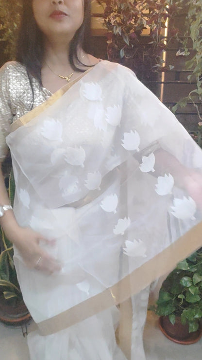 White Muslin cut work motif with Zari border Jamdani Saree