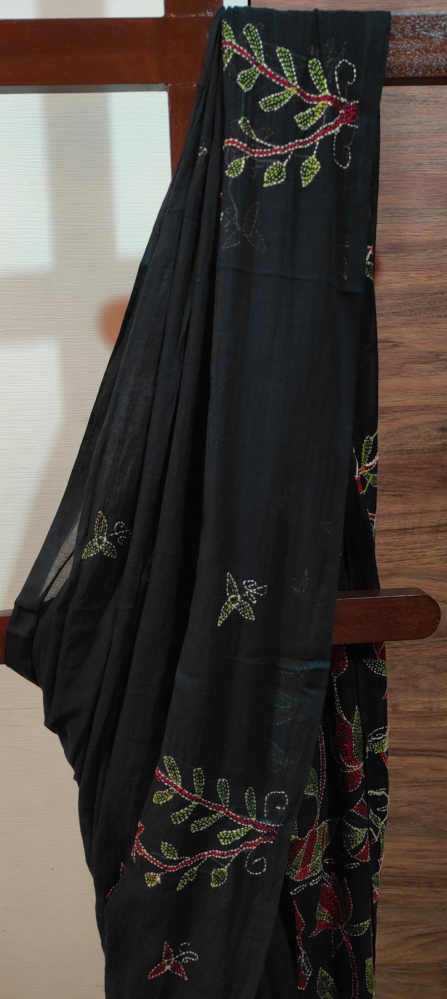 Handmade Kantha Stitch Done Black Mul Cotton Saree