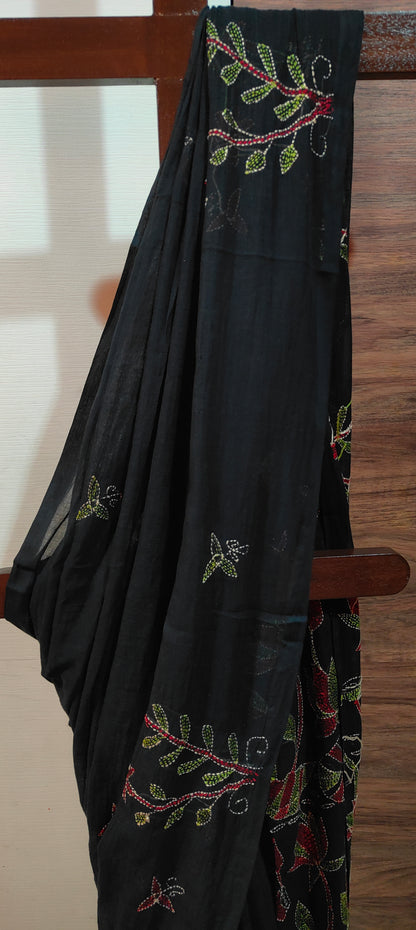 Handmade Kantha Stitch Done Black Mul Cotton Saree