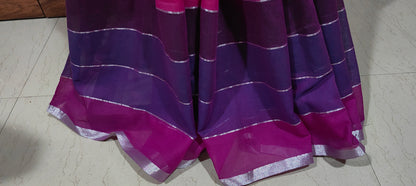 Pink based Multicolored Mul Cotton Silver zari stripped Handloom Saree