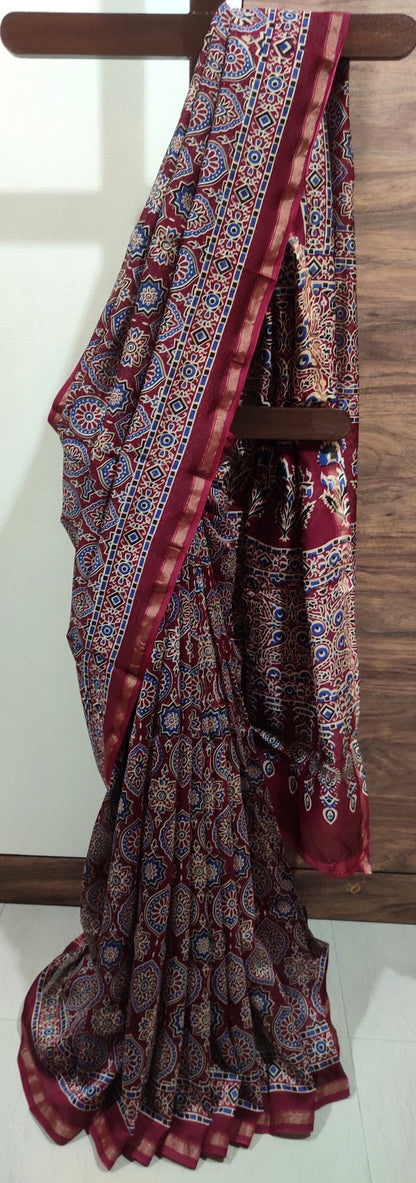 Maroon Chanderi Silk Cotton Hand Block Printed  Saree