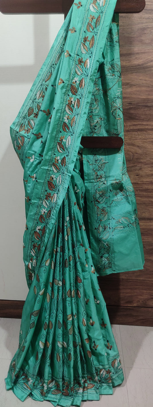 Hand made Kantha Stitch & Herringbone Stitch Done Sea Green Ari Silk Saree