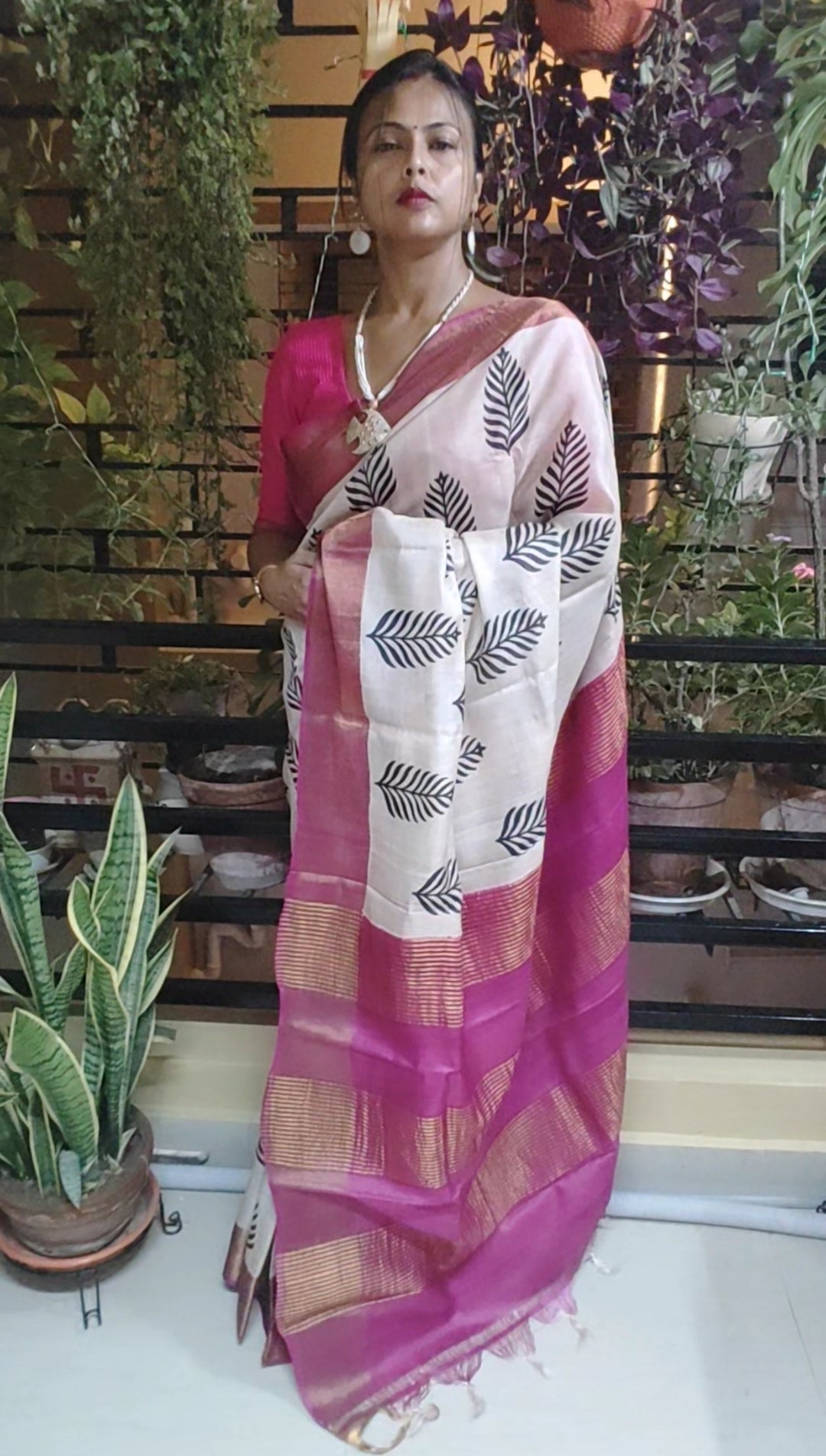 Hand Block Printed Off-white Rich Tussar Silk saree