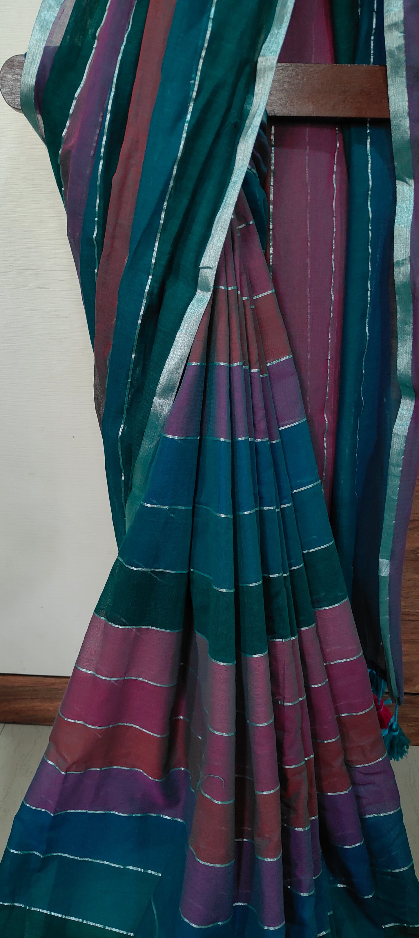 Green based Multi Colored Mul Cotton Silver zari stripped Handloom Saree