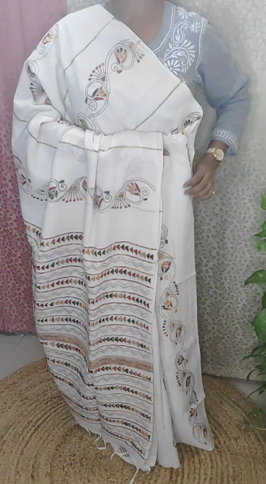 Exclusive Kantha Stitch Done Off-White Khesh Cotton Saree - S277