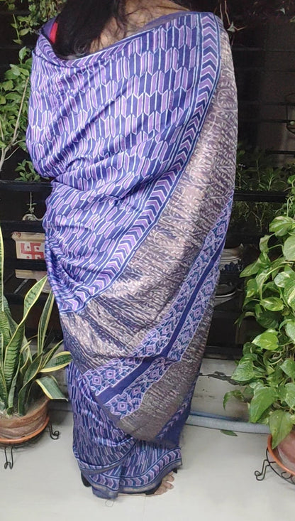 Age-old Vanaspati hand block printed Purple Blue  Maheshwari  Silk Saree
