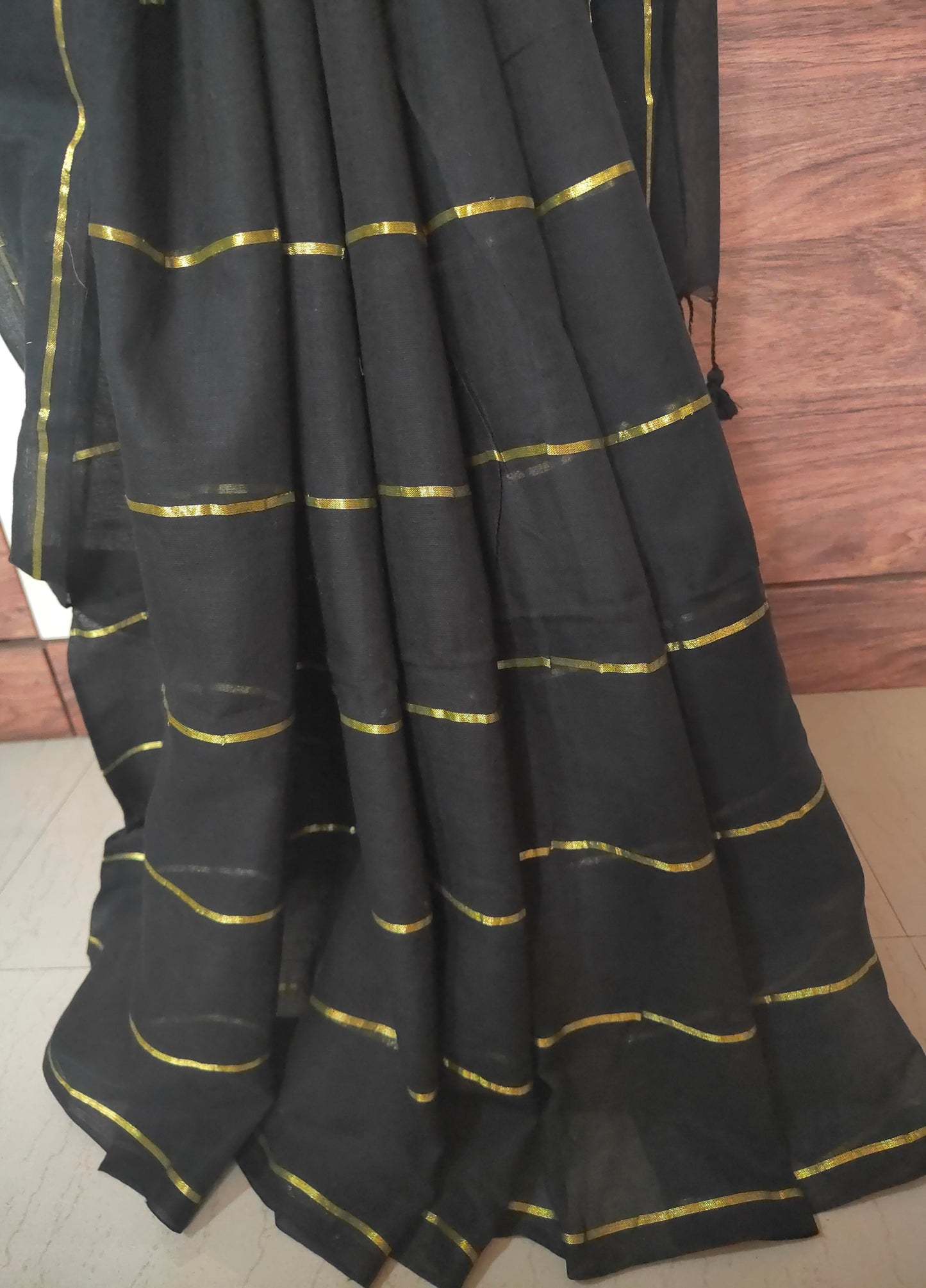 Eternal Black Mul Cotton single color zari stripped Saree
