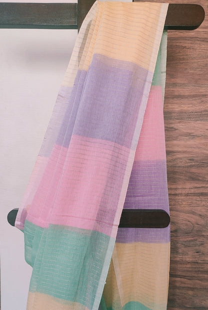 Light Shaded Multicolored Mul Cotton Saree with Zari Strips