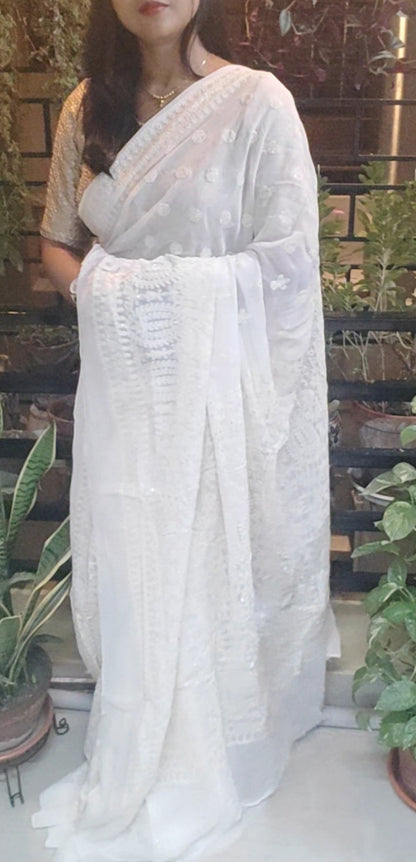 Threaded intricate lucknowi Chikankari work done White Chiffon Saree