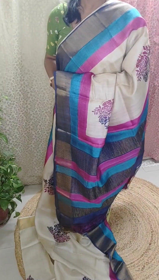 Hand Block Printed Off-white Rich Tussar Silk Asmani Border  saree