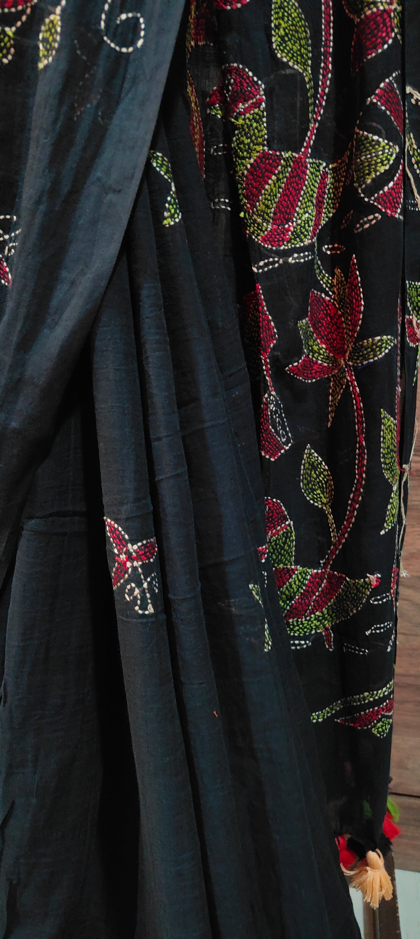Handmade Kantha Stitch Done Black Mul Cotton Saree
