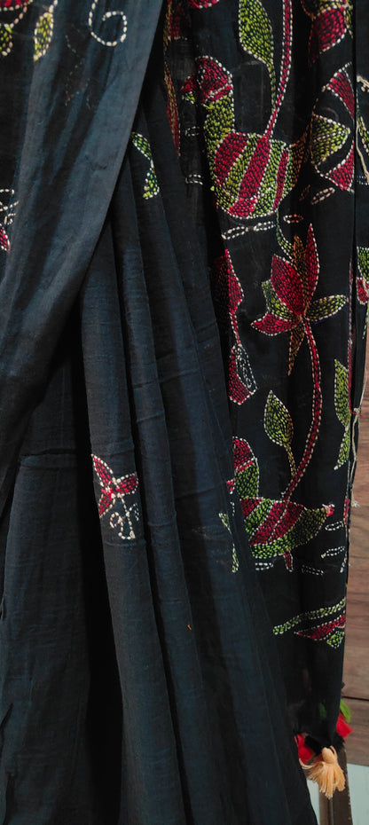 Handmade Kantha Stitch Done Black Mul Cotton Saree