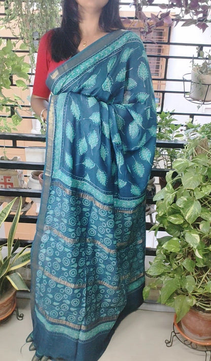 Age-old Vanaspati hand block printed Green  Maheshwari Silk Saree