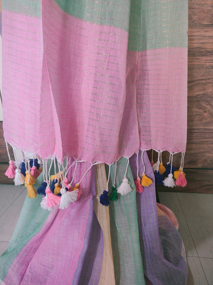 Light Shaded Multicolored Mul Cotton Saree with Zari Strips