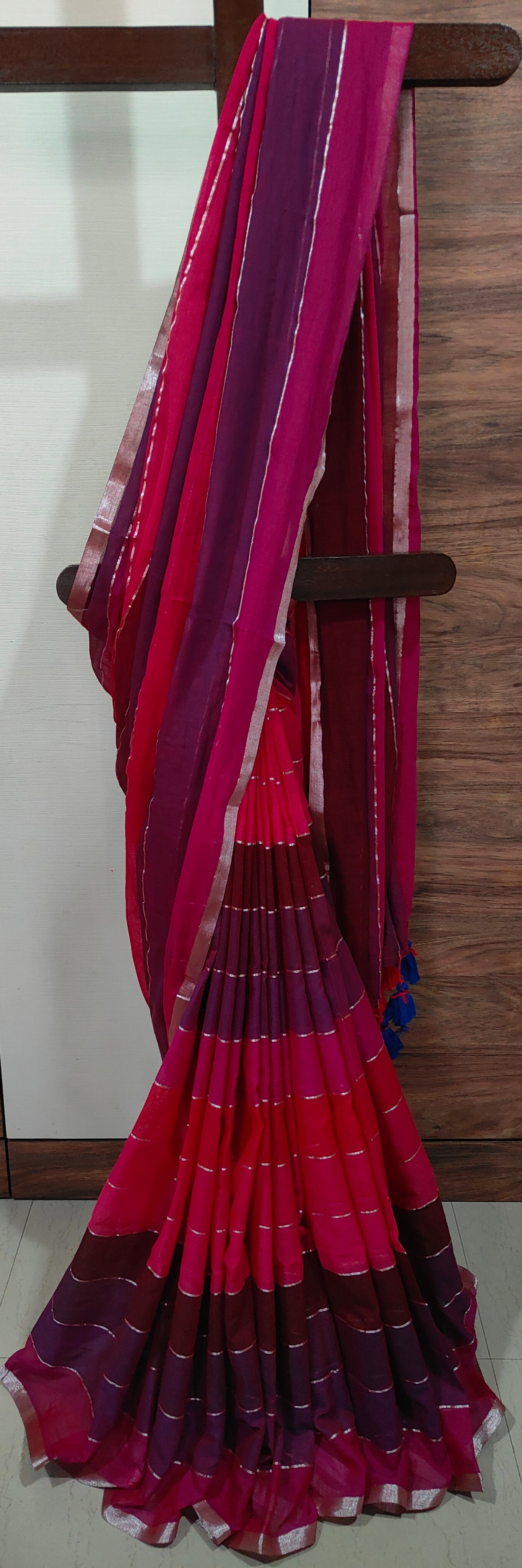 Multi Colored Mul Cotton Silver zari stripped Handloom Saree