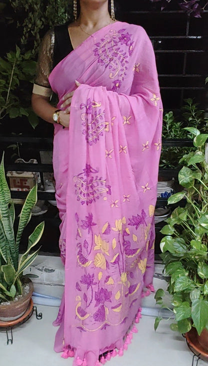 Handmade Kantha Stitch Done Pink Mul Cotton Saree - S036