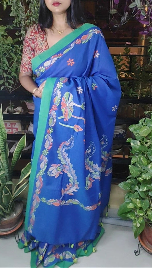 Exclusive Kantha Stitch Done Navy Blue Khadi Cotton Saree