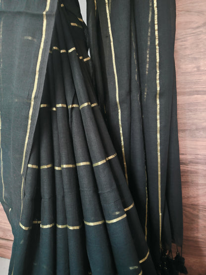 Eternal Black Mul Cotton single color zari stripped Saree